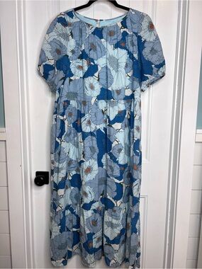 Loft Woodland Blue White Floral Peasant Maxi Dress. Size Medium.